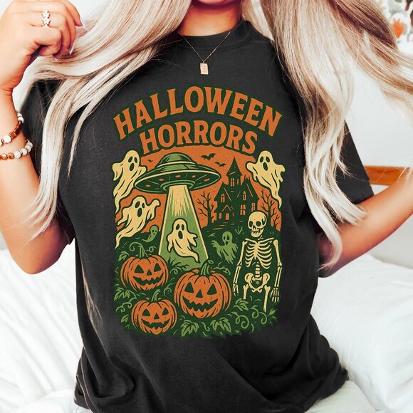 Halloween Shirt Vintage Style Unisex Paranormal Spooky Handmade Tee - Picture 1 of 3